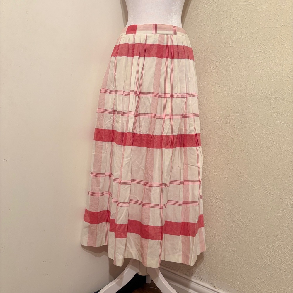 Bechamel Vintage 90s Red White Plaid Pleated Midi Skirt Size 14 Retro Cottage